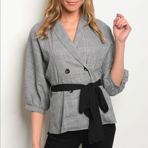 Grey Blouse w Navy Checkered Stripes & Black Bow